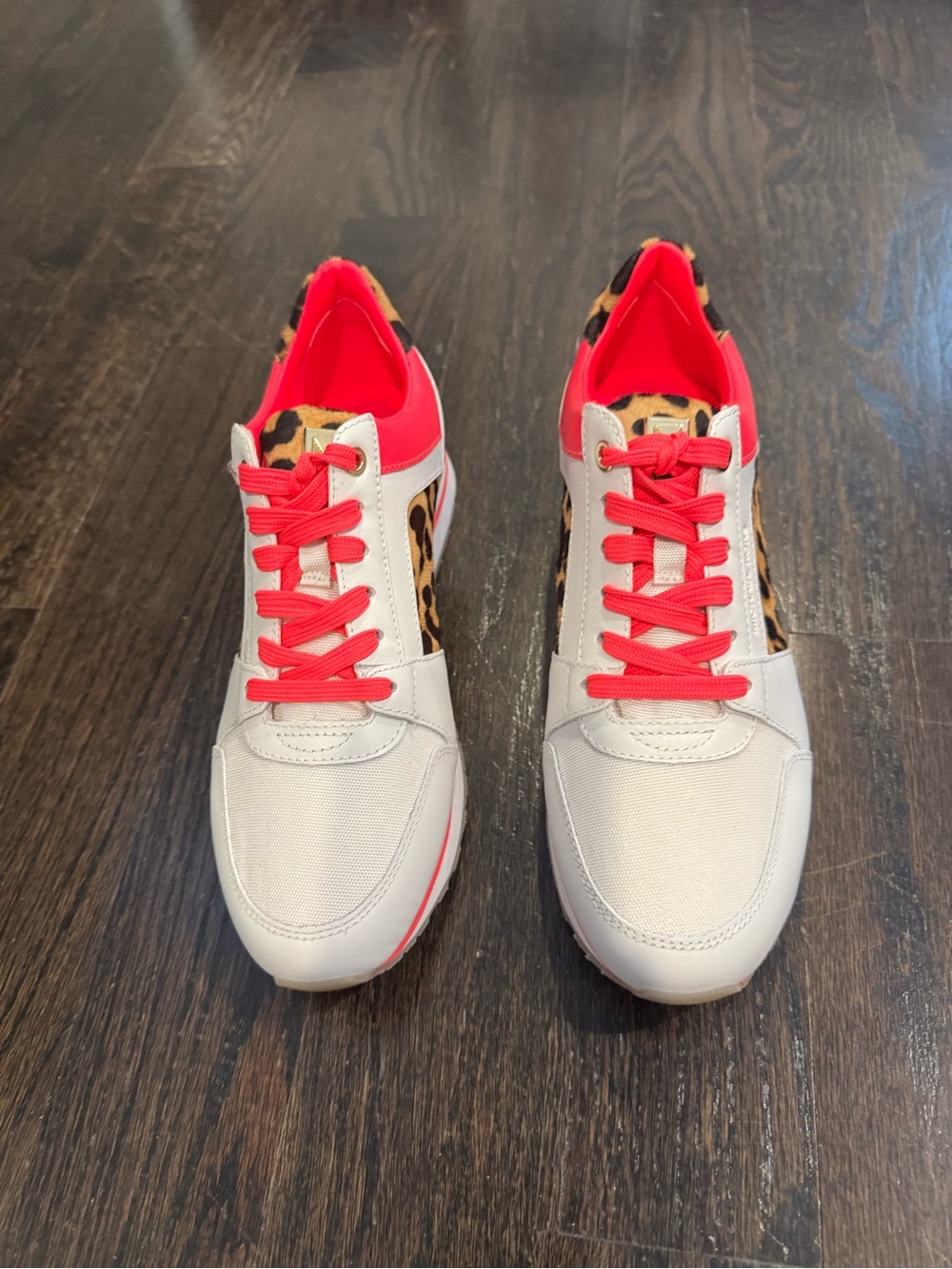 Michael Kors Women’s White and Hot Pink Leopard Accent Casual Sneakers